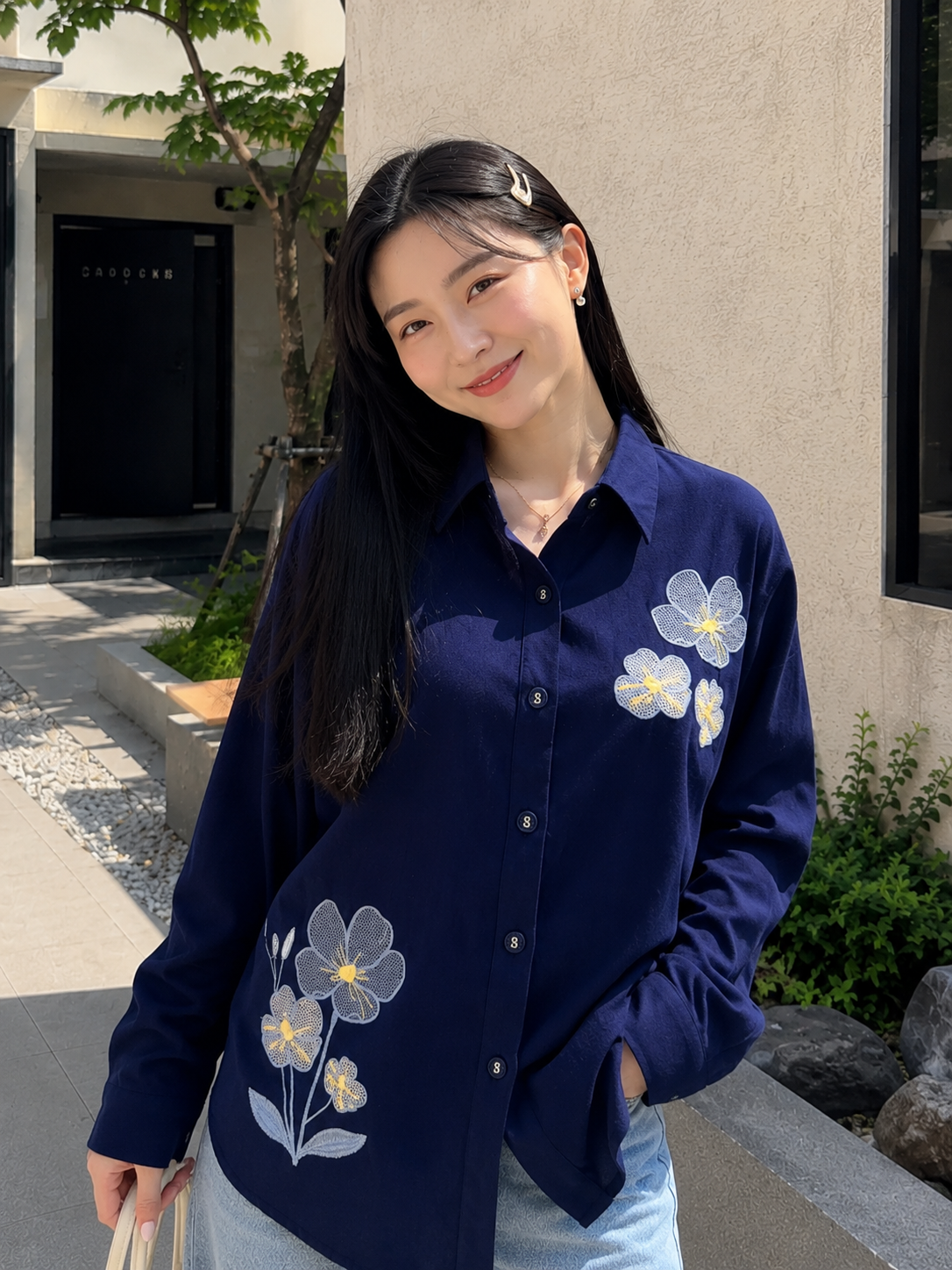 Three Flower Cotton Longsleeve - Navy