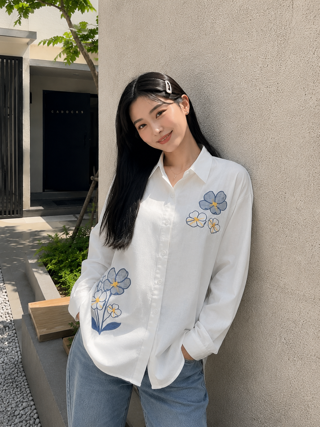 Three Flower Cotton Longsleeve - White
