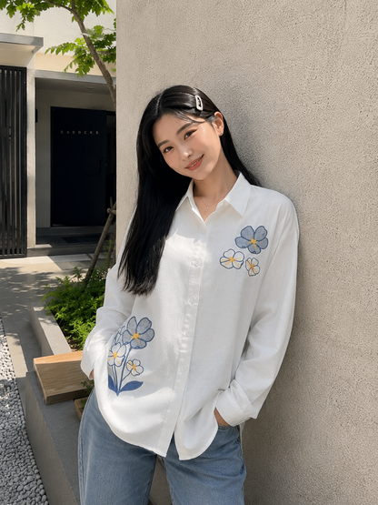 Three Flower Cotton Longsleeve - White