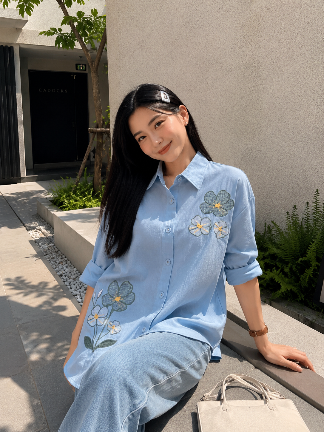 Three Flower Cotton Longsleeve - Blue