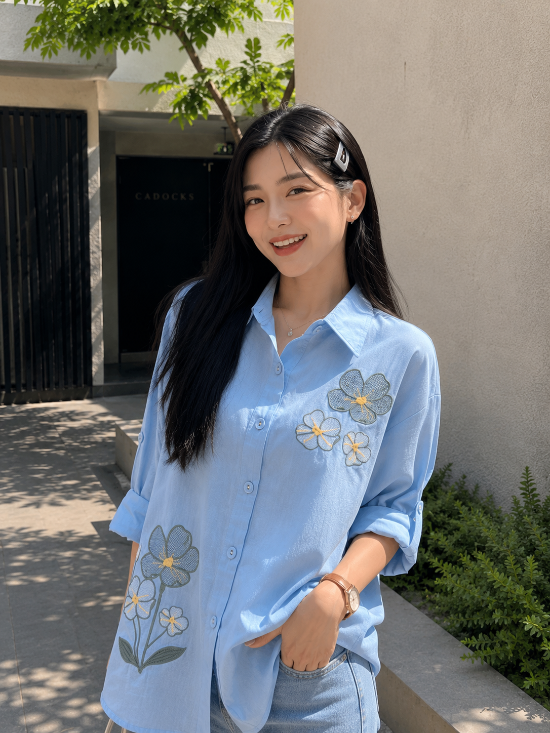 Three Flower Cotton Longsleeve - Blue