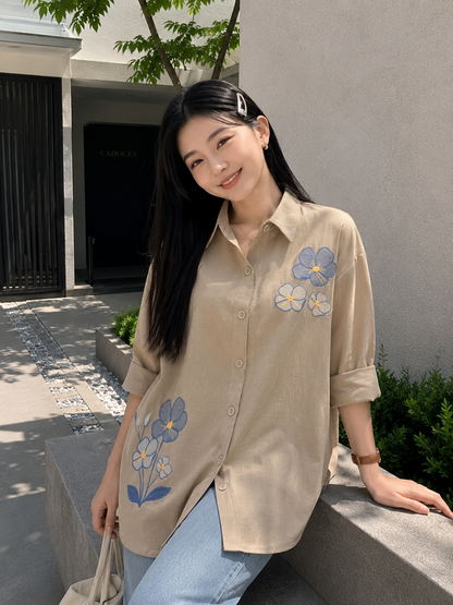 Three Flower Cotton Longsleeve - Oat