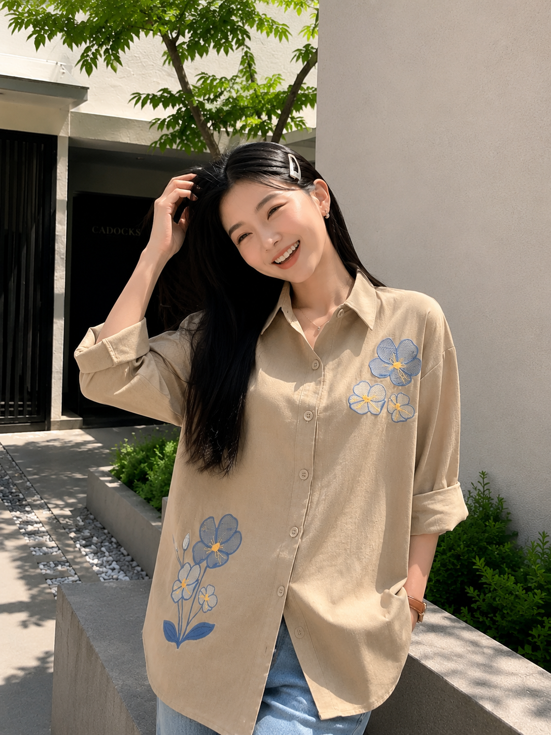 Three Flower Cotton Longsleeve - Oat