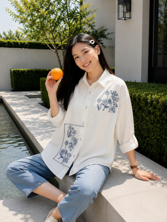 Selva Flower Cotton Longsleeve - White
