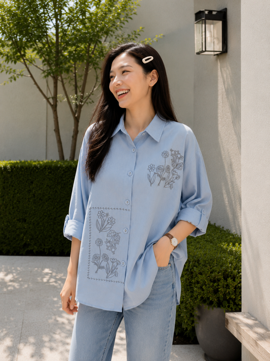 Selva Flower Cotton Longsleeve - Blue