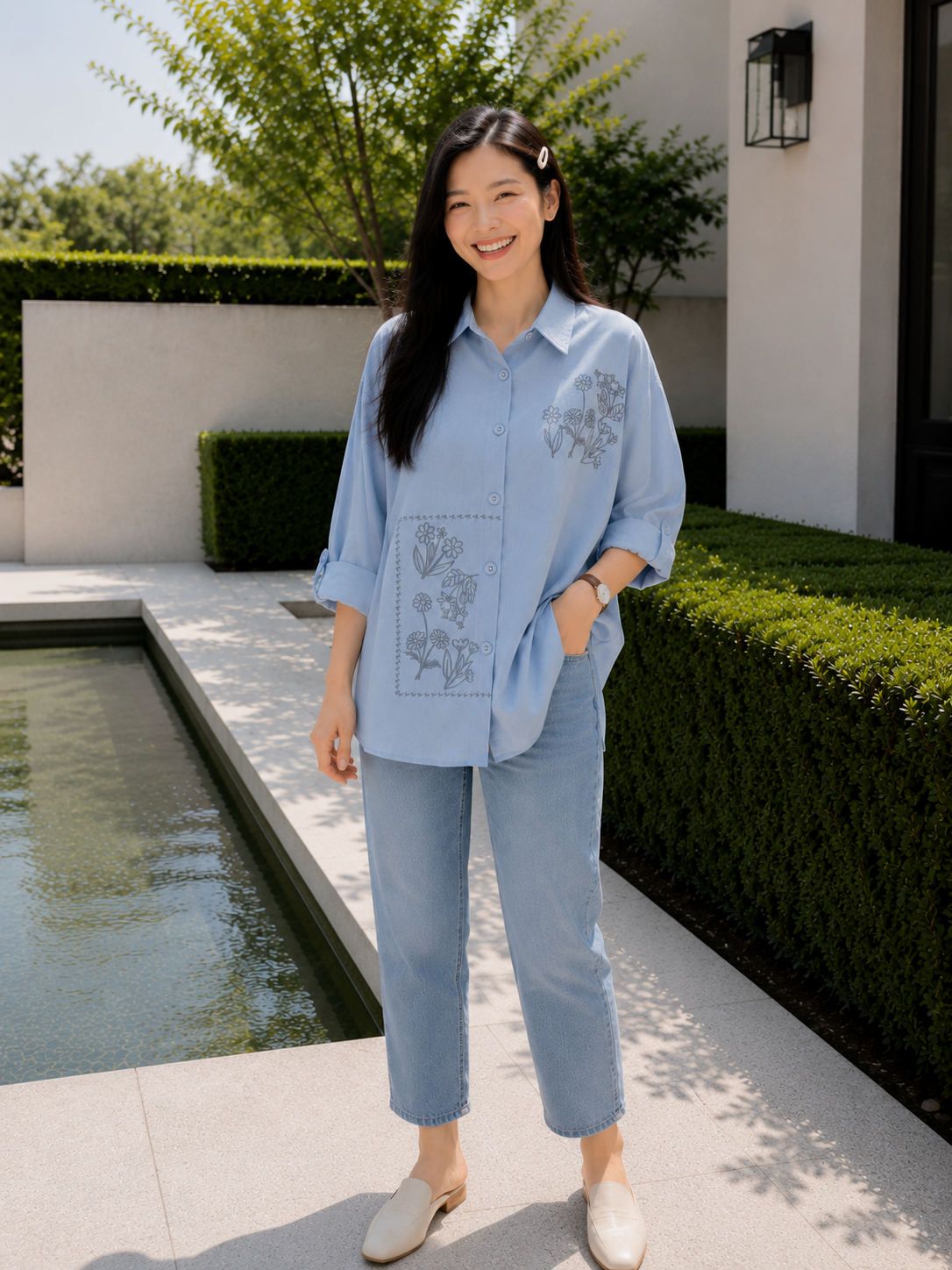 Selva Flower Cotton Longsleeve - Blue