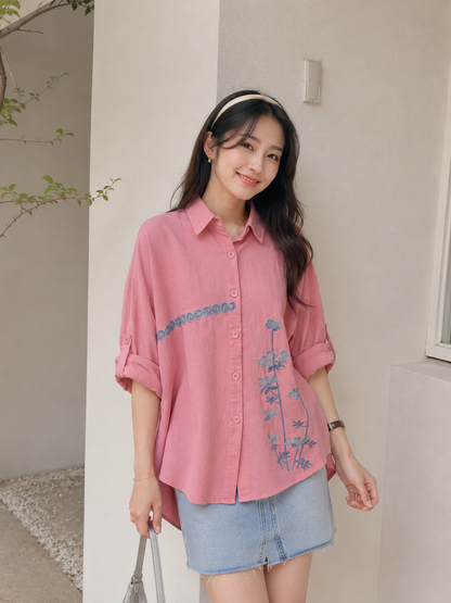 Line Flower Cotton Longsleeve - Pink