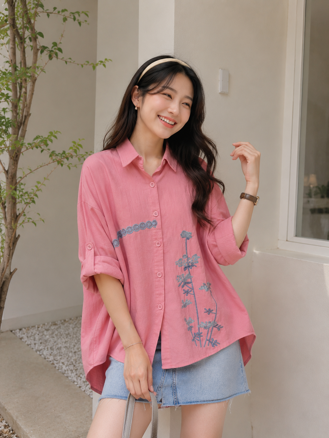 Line Flower Cotton Longsleeve - Pink