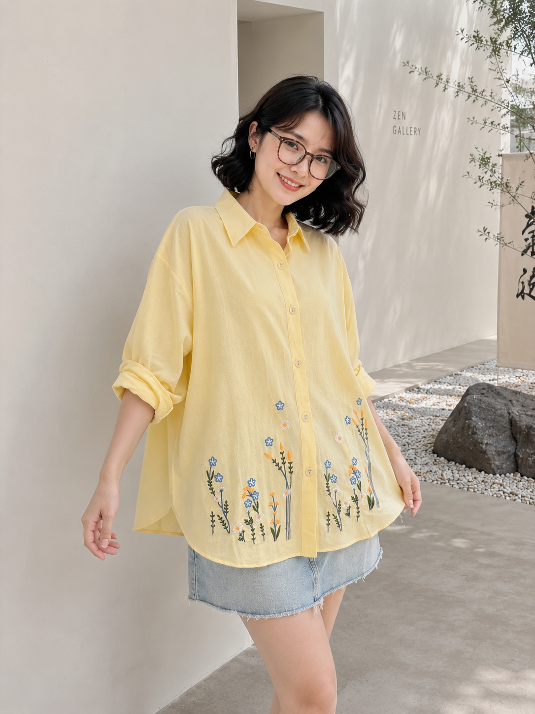Kasia Flower Cotton Longsleeve Shirt - Yellow
