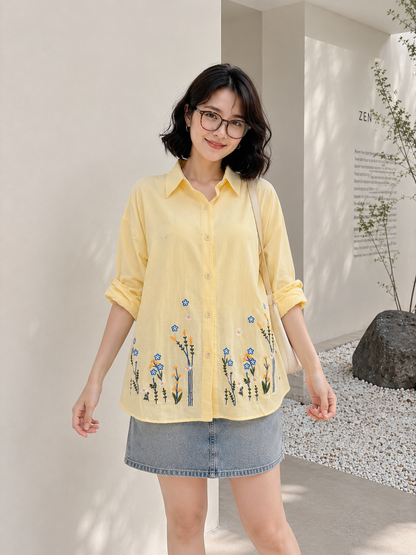 Kasia Flower Cotton Longsleeve Shirt - Yellow