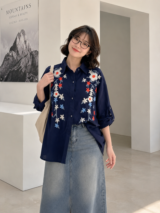 Brita Flower Cotton Longsleeve - Navy