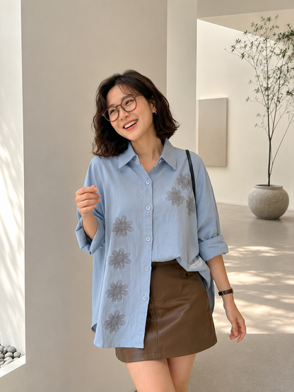 Vertical Flower Cotton Longsleeve - Blue