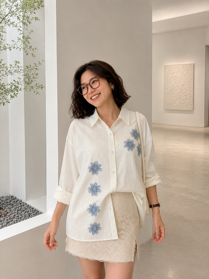 Vertical Flower Cotton Longsleeve - White