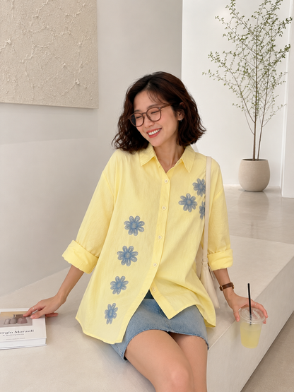 Vertical Flower Cotton Longsleeve - Yellow