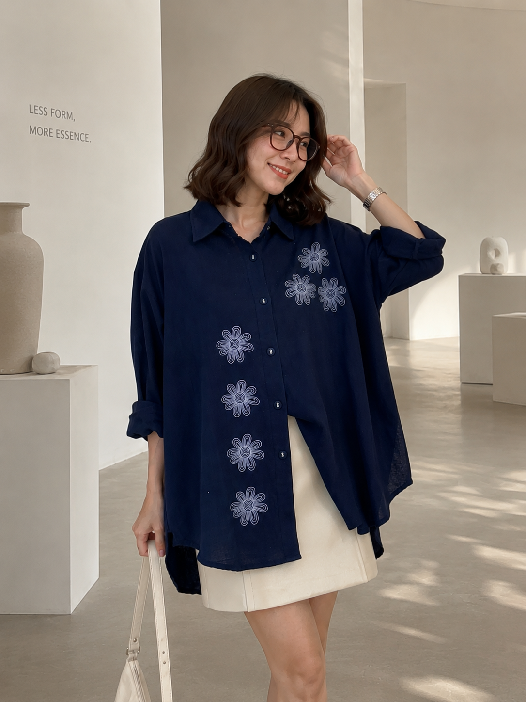 Vertical Flower Cotton Longsleeve - Navy