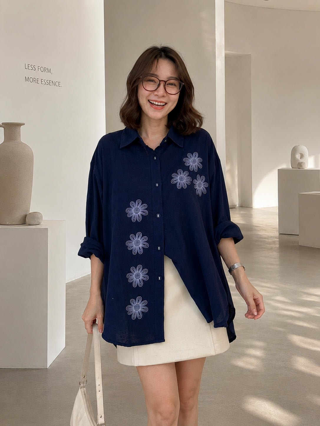 Vertical Flower Cotton Longsleeve - Navy