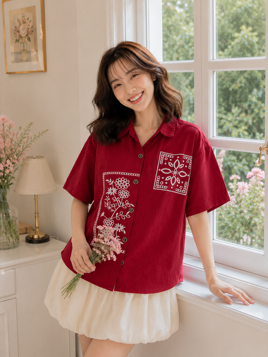 Eruna Pocket Cotton Shirt - Maroon