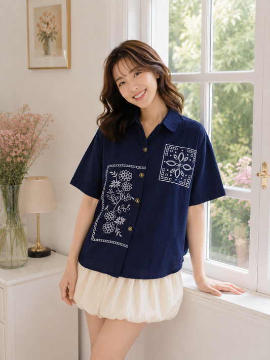Eruna Pocket Cotton Shirt - Navy