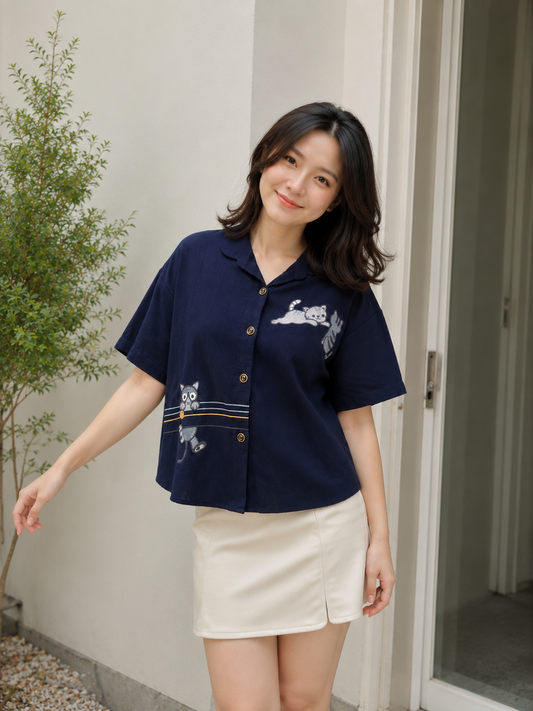 Silvester Button Cotton Shirt - Navy
