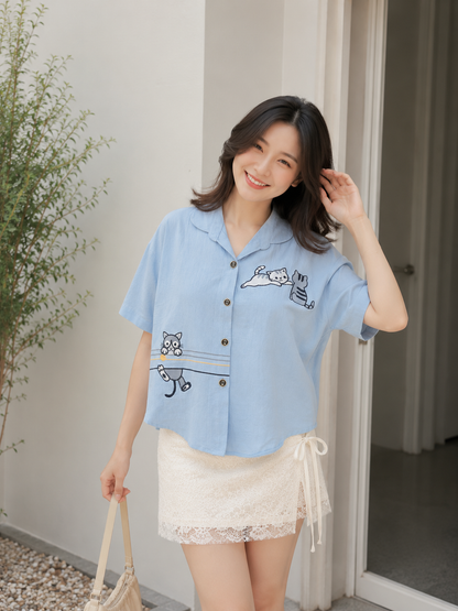 Silvester Button Cotton Shirt - Blue