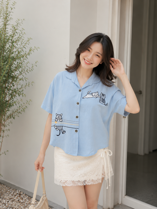 Silvester Button Cotton Shirt - Blue