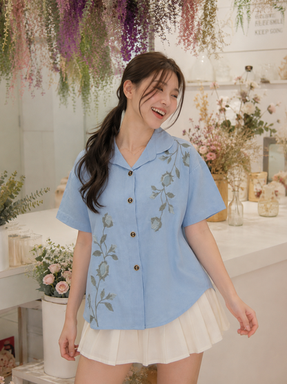 Solvi Flower Cotton Shirt - Blue