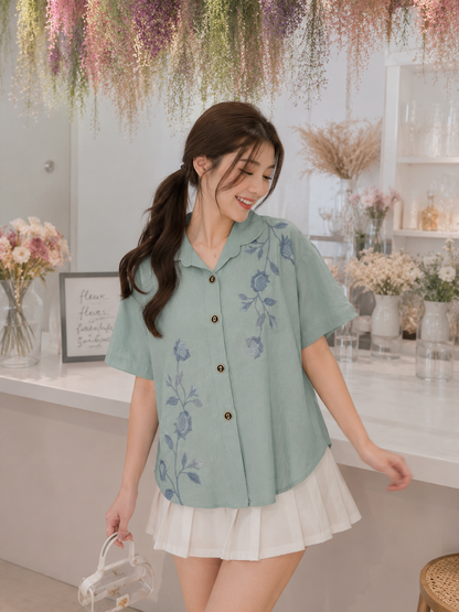Solvi Flower Cotton Shirt - Mint