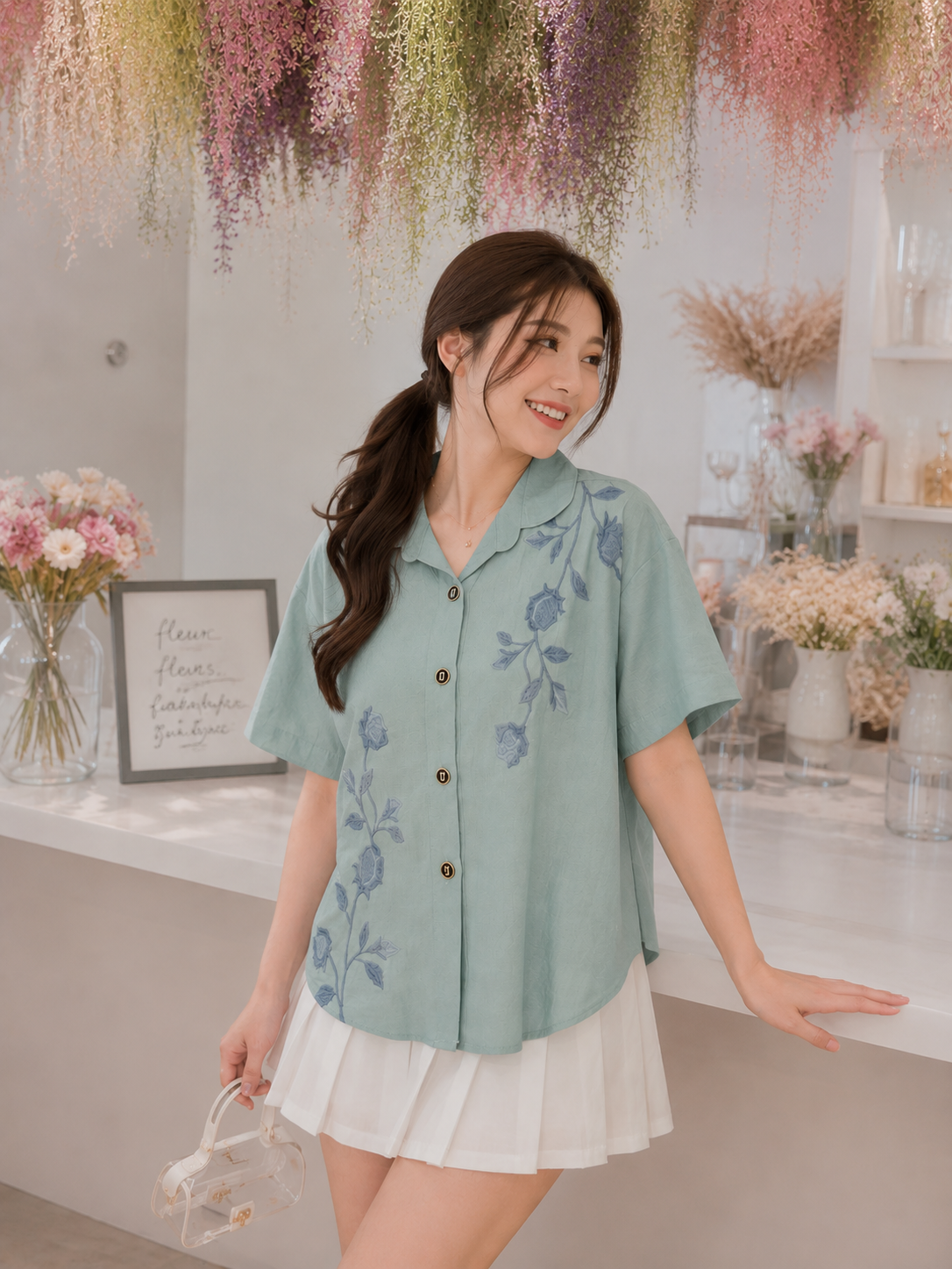 Solvi Flower Cotton Shirt - Mint
