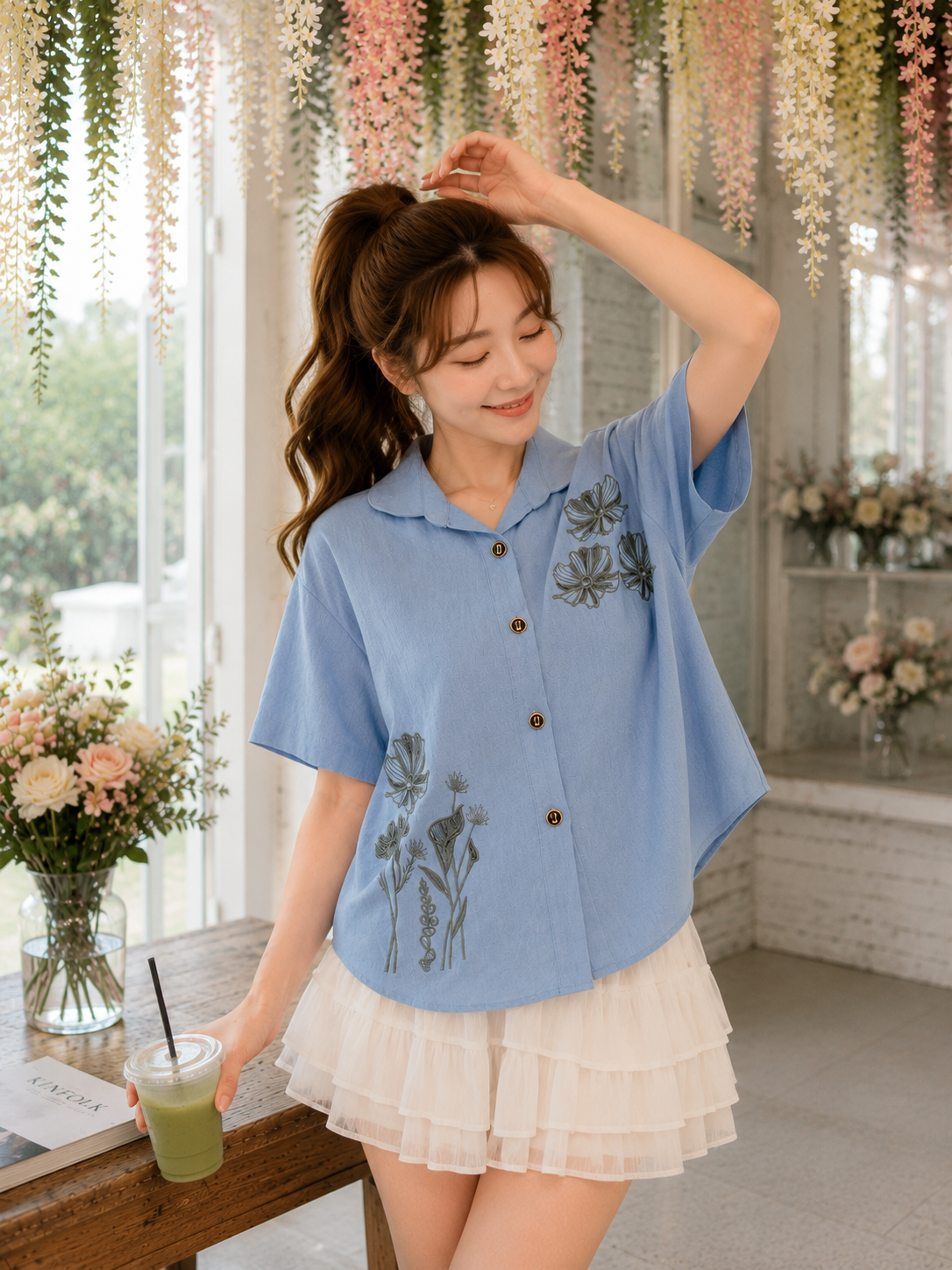 Valentina Button Cotton Shirt - Blue
