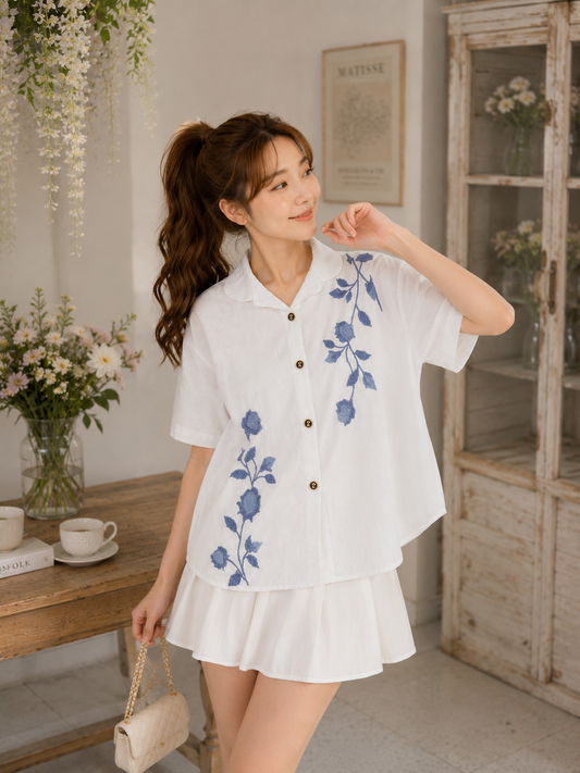 Solvi Flower Cotton Shirt - White