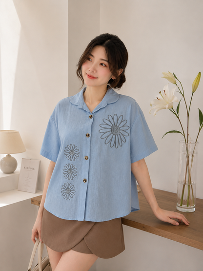 Sunny Button Cotton Shirt - Blue