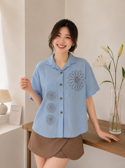 Sunny Button Cotton Shirt - Blue