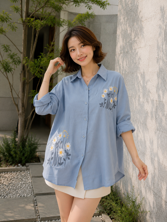 Kresa Flower Cotton Longsleeve - Blue