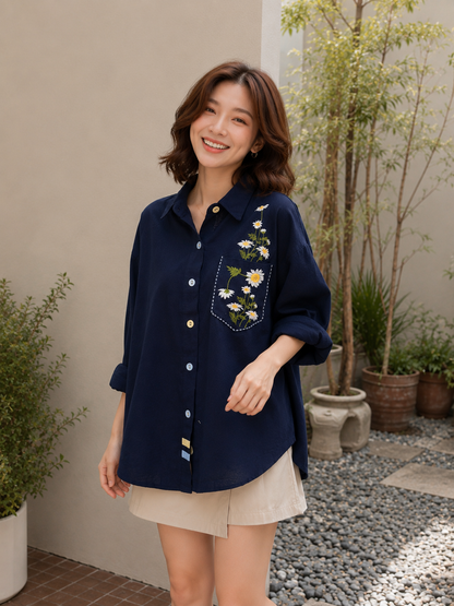 Simon Flower Cotton Longsleeve - Navy