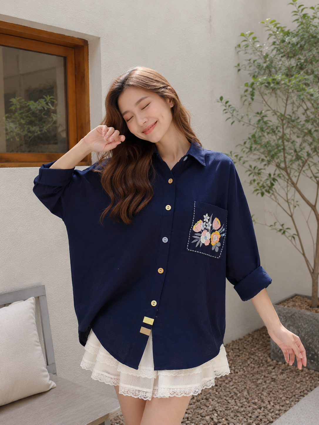 Nera Pocket Cotton Longsleeve - Navy