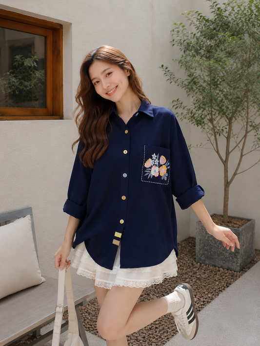 Nera Pocket Cotton Longsleeve - Navy