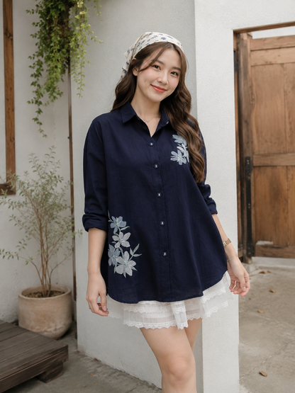 Miles Flower Cotton Longsleeve - Navy