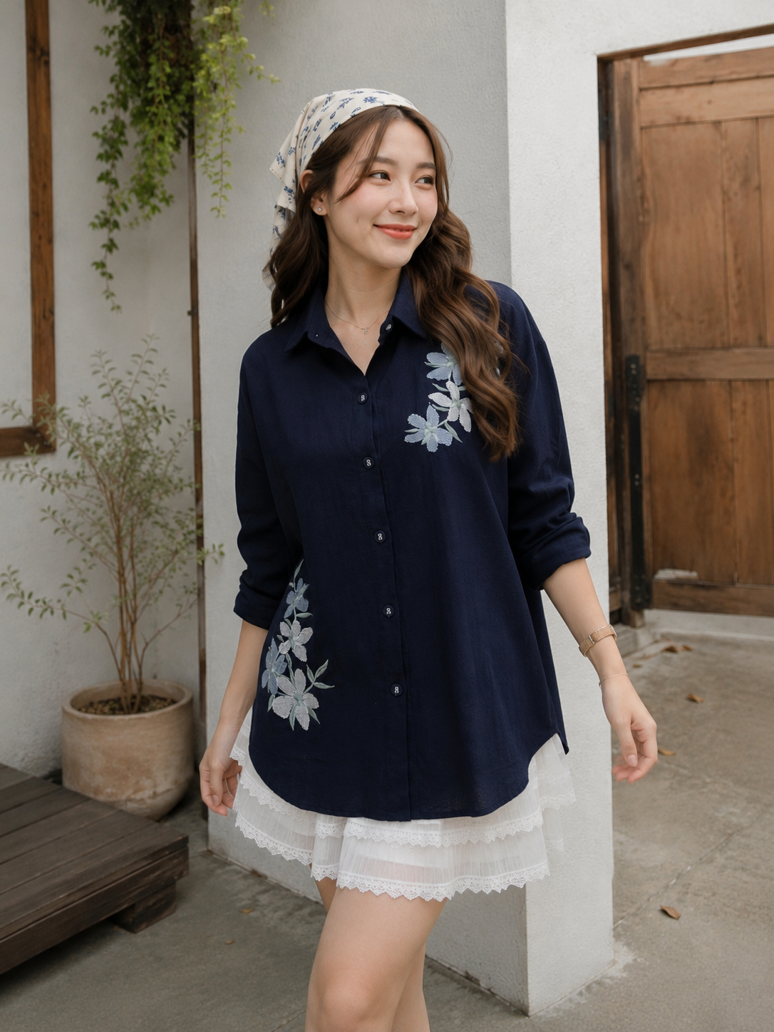 Miles Flower Cotton Longsleeve - Navy