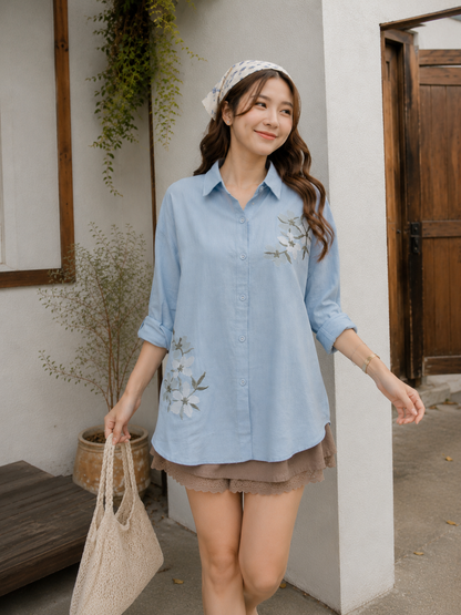 Miles Flower Cotton Longsleeve - Blue