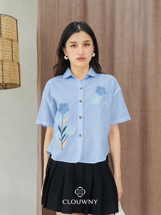 Loka Flower Cotton Shirt - Blue