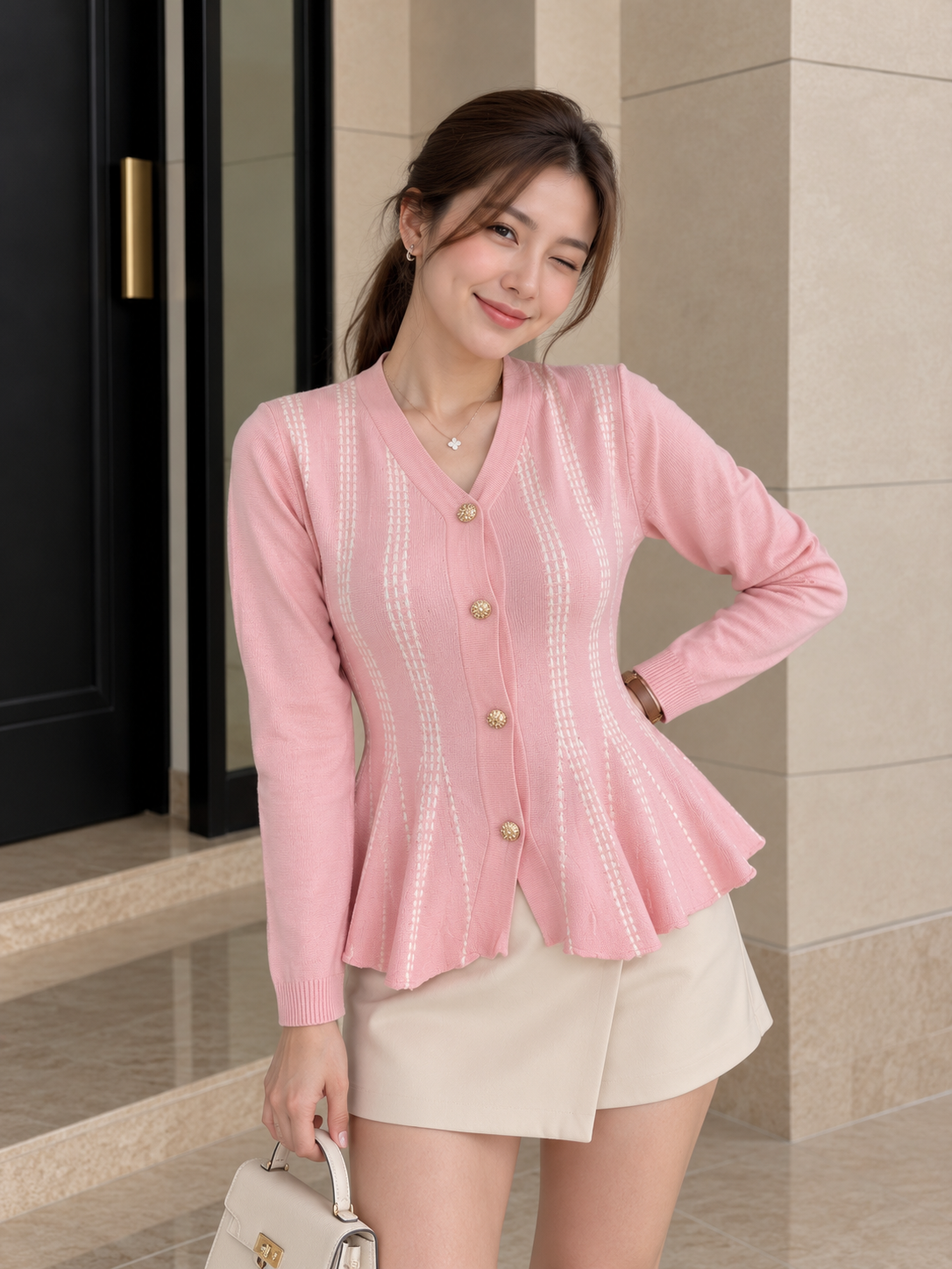 Aysel Peplum Knit Cardigan - Pink