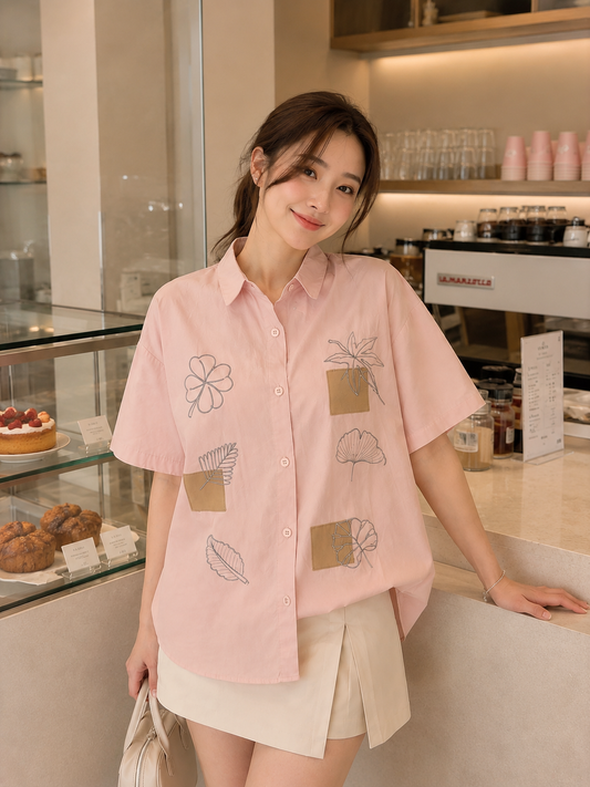 Leaves Cotton Shirt - Pink