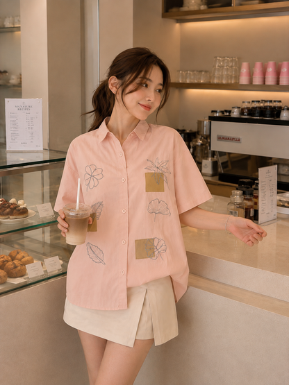Leaves Cotton Shirt - Pink