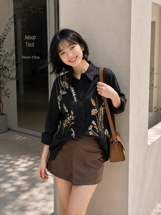 Katerin Flower Shirt - Black