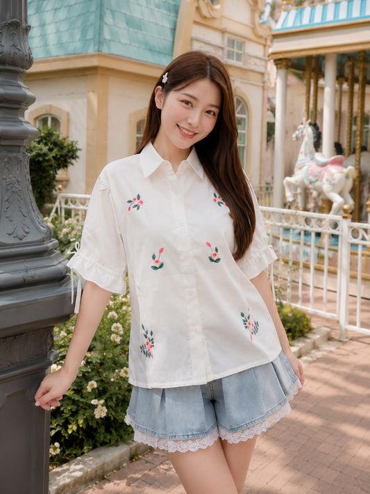 Vilna Embroidery Flower Shirt - White