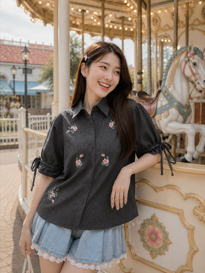 Vilna Embroidery Flower Shirt - Black