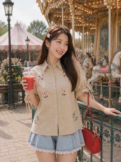 Vilna Embroidery Flower Shirt - Khaki