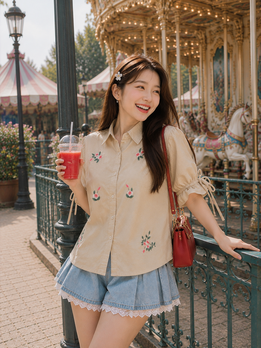 Vilna Embroidery Flower Shirt - Khaki