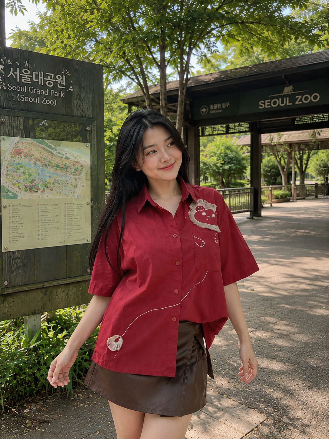 Lion Embroidery Shirt - Maroon