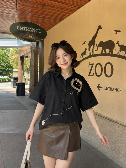 Lion Embroidery Shirt - Black
